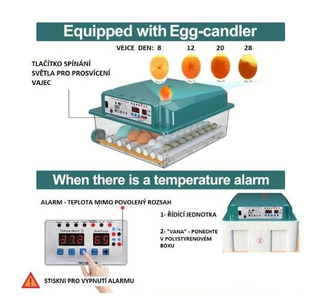 inkubátor, líheň pro 36 vajec, s krmítky